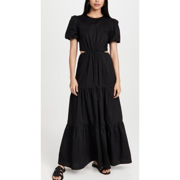 NEW WAYF Maxi Dress Women XS Black Tiered Cutout Puff Sleeve Cottage Minimalist - Picture 1 of 11